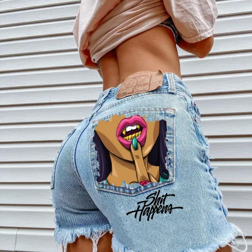 Fashion Wash Blue Jeans shorts gold tooth