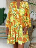 V Neck Buttoned Down Abstracy Printed Dresses