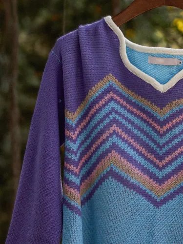 Purple Exotic V Neck Long Sleeve Stripes Sweater