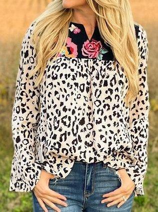 Vintage Long Sleeve V Neck Leopard Shirts & Tops