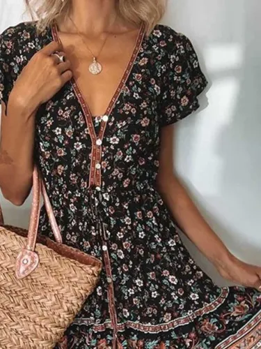 Multicolor Short Sleeve Printed Casual Cotton Dresses