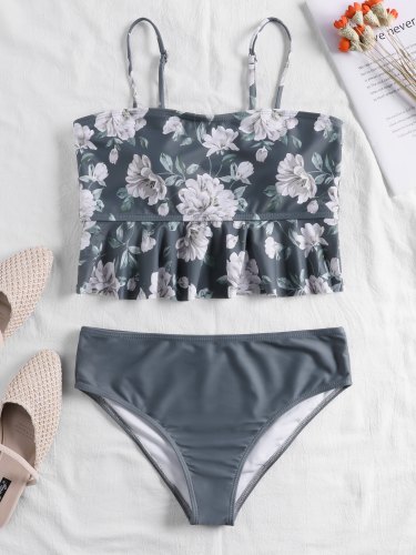 Floral Print Ruffle Hem Sling Bikini