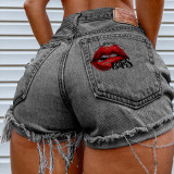 Fashion printed lips jeans shorts