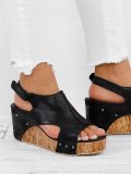 Plus Size Peep Toe PU Wedges Blocking Hook-Loop Wedge Sandals