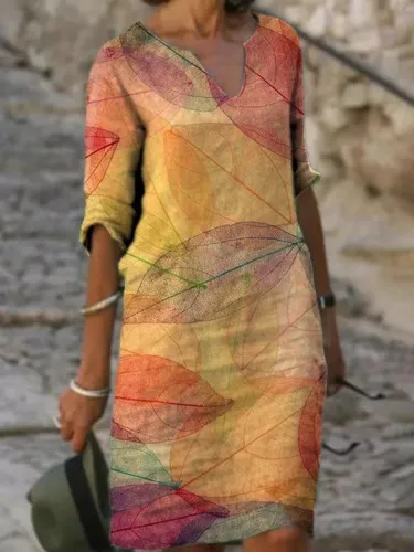 Yellow Casual V Neck Leaves Dresses