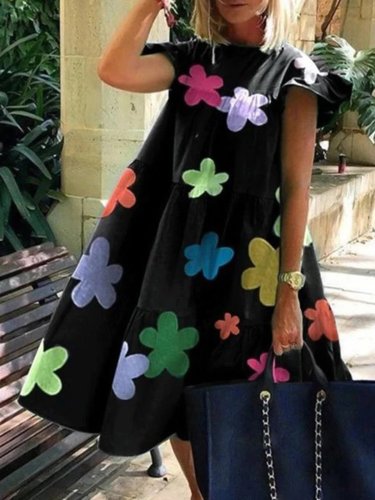 Black Sweet Casual Holiday Floral Printed Short Sleeve A-line Dresses