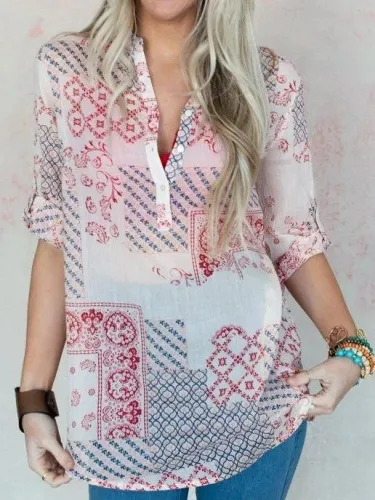 Cotton-Blend Tribal Shift Half Sleeve Shirts & Tops