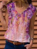 Oil Painting Flowers Sleeveless V Neck Floral-Print Shirts & Tops