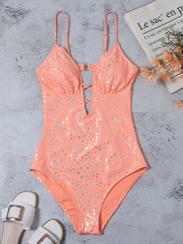 Leopard Print Plunging Neck One-Piece Swimwear