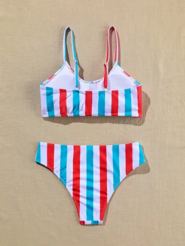 Striped Print Bowknot High Rise Bikini