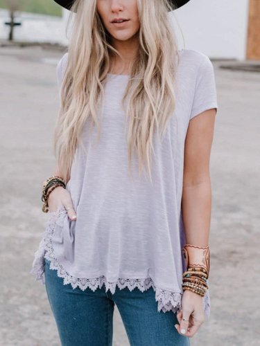 Casual western style plus size loose lace short sleeve round neck T-shirt