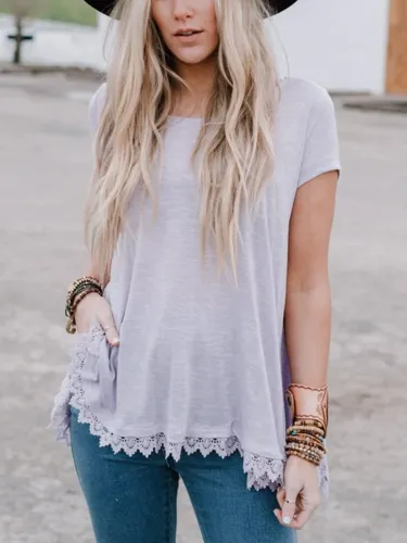 Casual western style plus size loose lace short sleeve round neck T-shirt