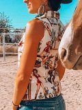 Vintage Sleeveless Boho Cactus Geometric Printed Plus Size Casual Vest Tops