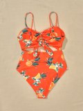 Retro Orange Leaf Print Cut Out Swimsuit