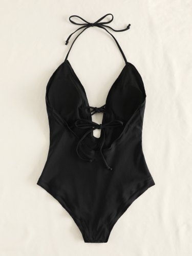 Plunge Tied One Piece Halter Swimsuit