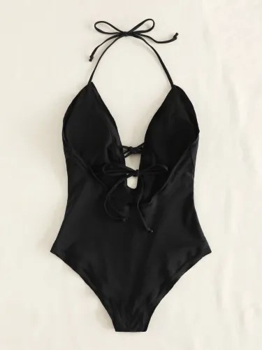 Plunge Tied One Piece Halter Swimsuit