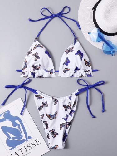 Ruffle Butterfly Graphic Halter Tie Side Bikini