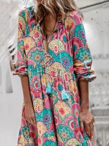 Color Long Sleeve Tribal Dresses