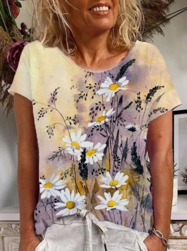 Vintage Cotton-Blend Floral-Print Short Sleeve Shirts & Tops