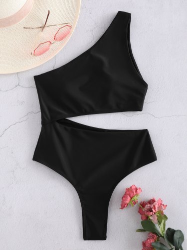 Solid One Shoulder Cut Out Swimsuit