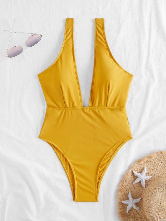 Solid Plunging One-Piece Swimsuit
