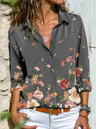 Gray Shawl Collar Long Sleeve Printed Shirts & Tops
