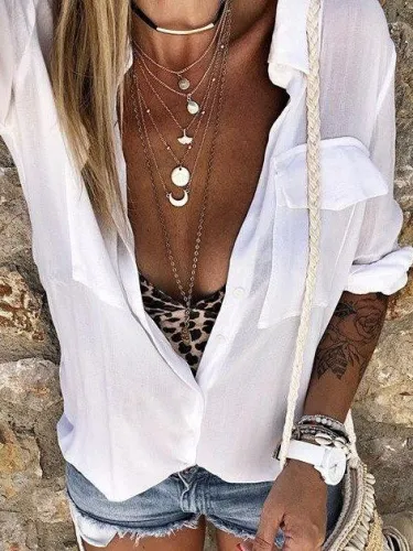 White Cotton Casual Plain Shirts & Tops