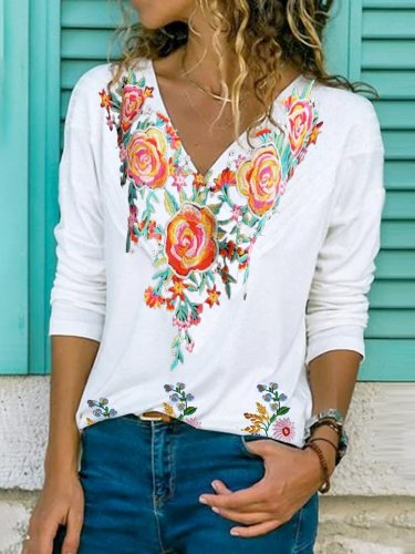 Long Sleeve Floral Casual V Neck Shirts & Tops