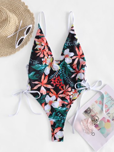 Flower Print Tie Side Plunging Swimsuit