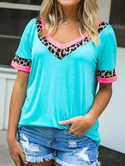 Cotton-Blend Short Sleeve Leopard Printed Shirts & Tops