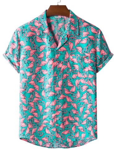 Men's Flamingo Print Button Short Sleeve Shirt