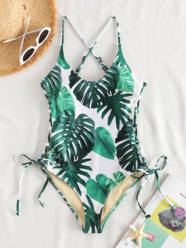Leaf Print Side Cinched One Piece Swimsuit