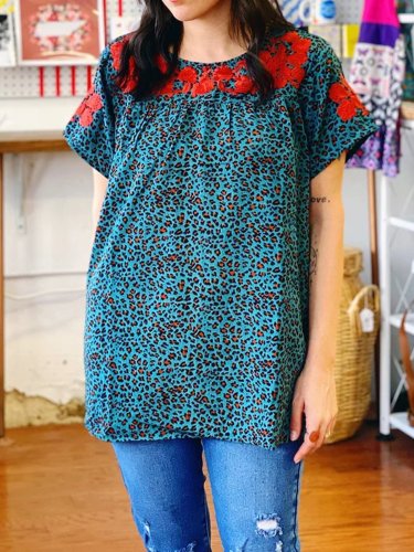 Cotton-Blend Leopard Short Sleeve Ethnic Shirts & Tops