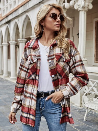 Plaid Front Pocket Pearl Button Up Shirt Jacket