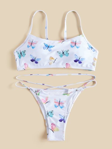 Butterfly Print String Thong Bikini