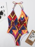 Geometric Pattern Halter Collar One-Piece Swimsuit