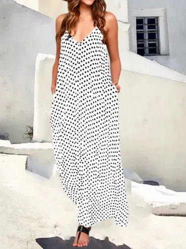Polka Dots Casual V-neck Sleeveless Pockets Midi Dress