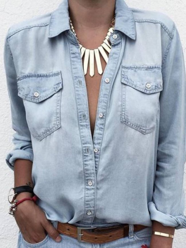 Blue Casual Shirt Collar Plain Cotton-Blend Shirts & Tops