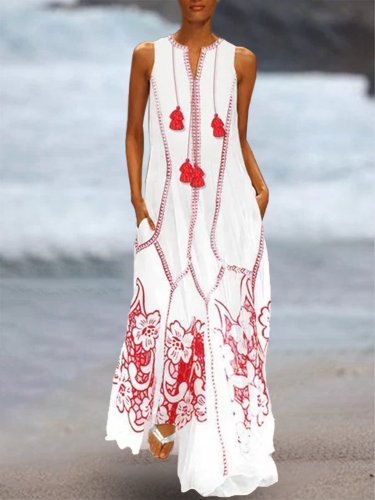Plus Size Women White Daily Casual Sleeveless  Printed Floral Dress