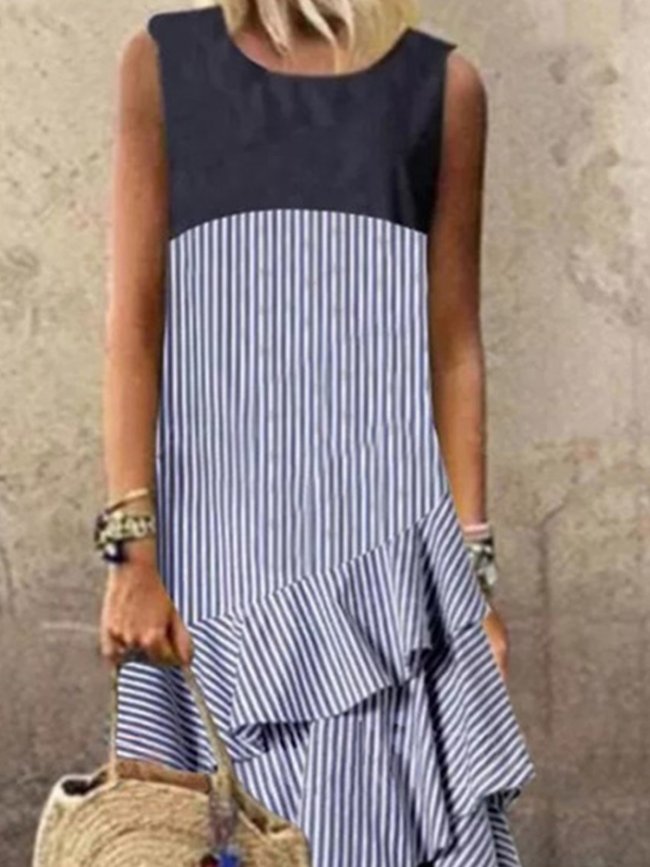 Stripe-Gray Holiday Stripes Swing Ruffled Sleeveless Dresses