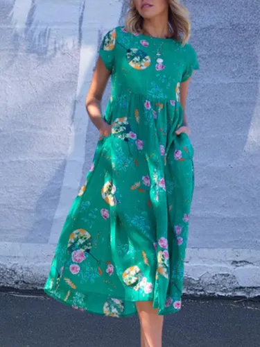 Casual Short Sleeve Cotton-Blend Floral Dresses