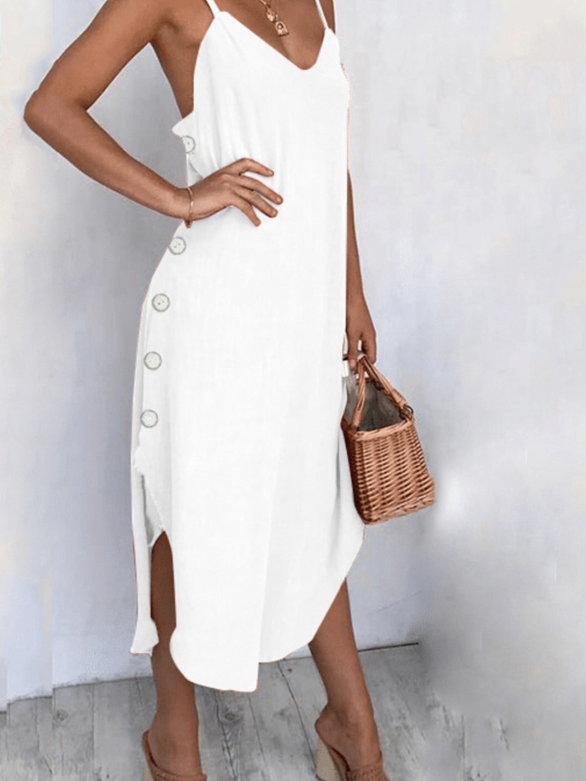 Spaghetti-Strap Cotton-Blend Solid Casual Dresses