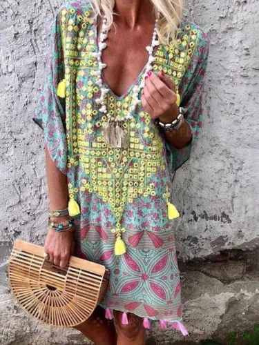 Floral Tassel Printed Casual Summer Above  Knee Shift Dresses #653094