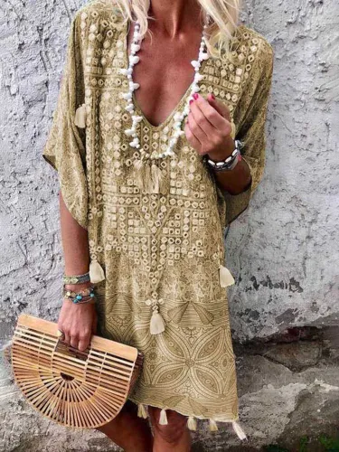 Floral Tassel Printed Casual Summer Above  Knee Shift Dresses #653094