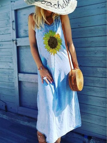 Vintage Summer Beach Vacation Loose Round Neck Casual Long Thin Knitted Sunflower Dress