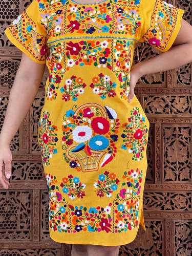 Short Sleeve Floral-Print Tribal Vintage Dresses
