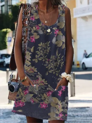 Vintage Floral Printed Sleeveless Pockets Plus Size Dress