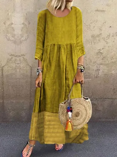 Crew Neck Gray Women  Shift Date Linen crew neck Plain Linen Paneled Dresses