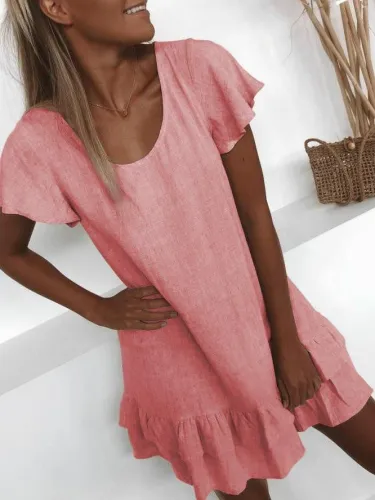 Plus Size Casual U-Neck Solid Short Sleeve Mini Dresses
