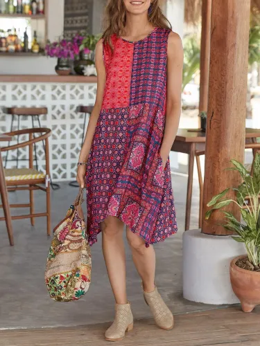 Floral Cotton-Blend Boho Round Neck Dresses